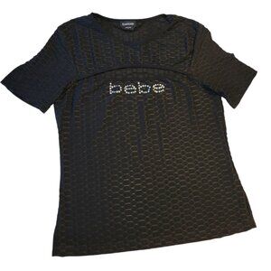 Bebe Top SS Black Open Peep‎ Cleavage Front Crystal Logo Sz L Ribbed Shirt